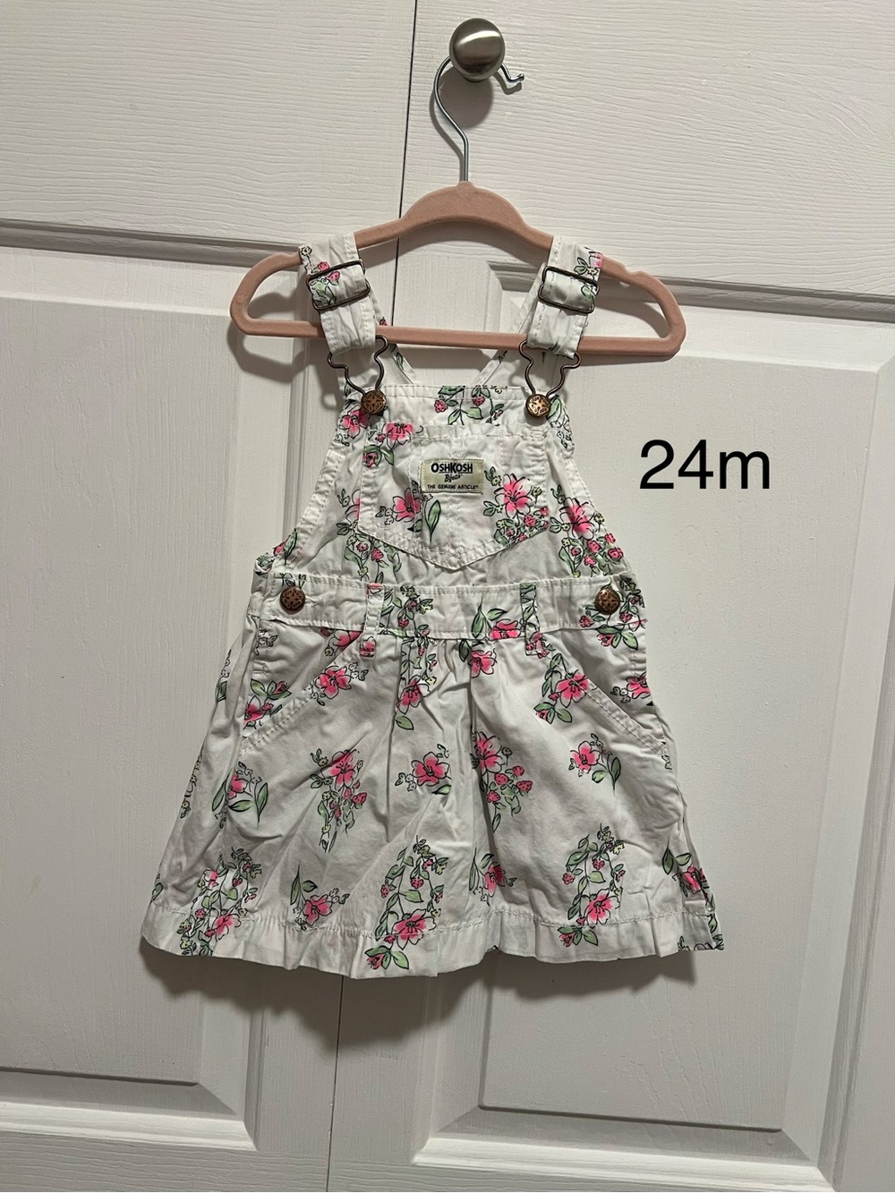 OshKosh B'gosh White Floral Overall Dress - Pink & Green